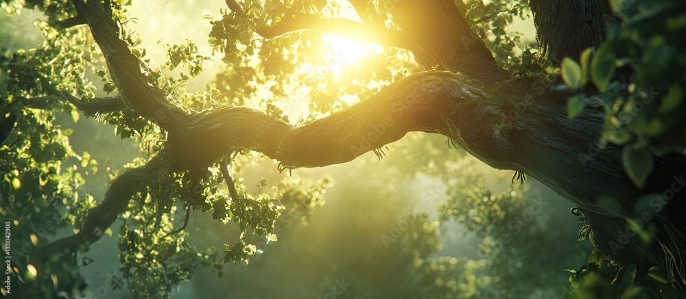 Leinwandbilder sunlight filters through the lush green leaves and crooked branches of a majestic tree, creating a s
