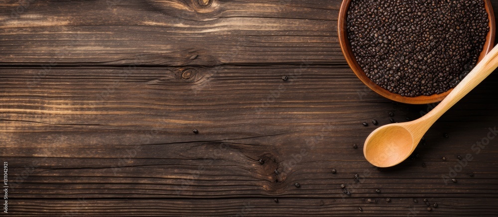 Poster Top view of a rustic wooden background featuring a round bowl of black quinoa and a wooden spoon on the left with ample negative space on the right