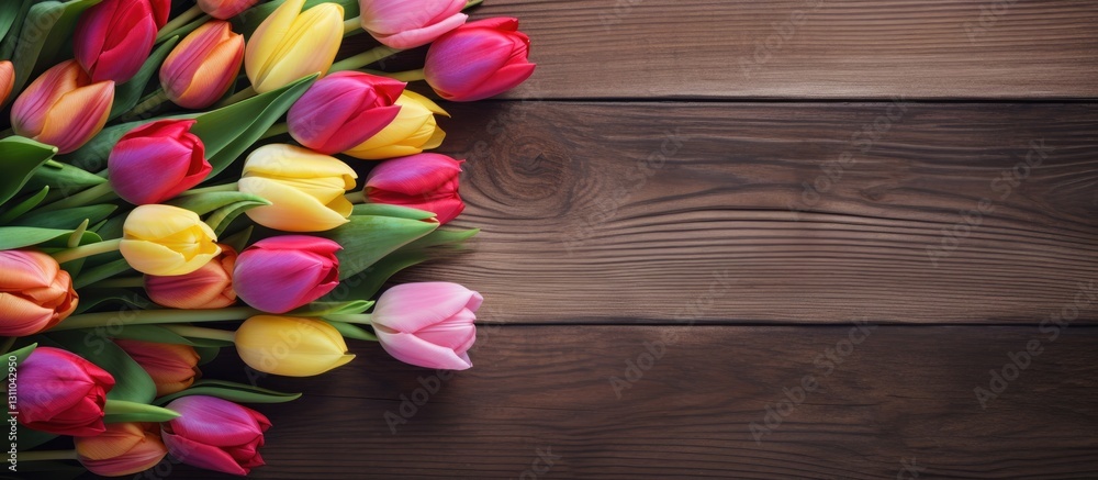 Poster colorful tulips in pink, yellow, and red arranged on a weathered wooden backdrop with blank space on