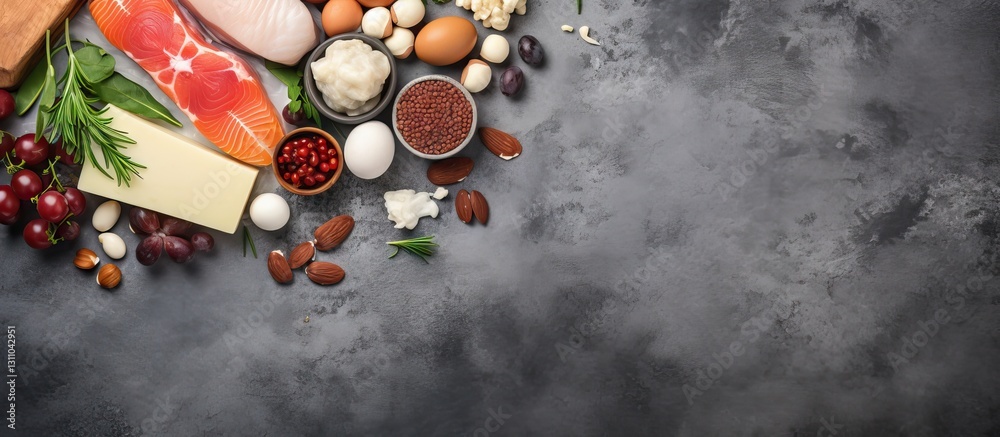Aufkleber protein rich food composition on dark marble background with salmon chicken eggs nuts and cheese arr