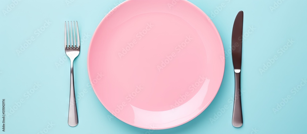 Poster minimalistic pink plate with shiny silver fork and knife on a soft turquoise background, styled for 