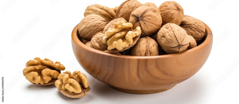 Aufkleber top view of a wooden bowl filled with whole walnuts resting on a white background with a few walnut 
