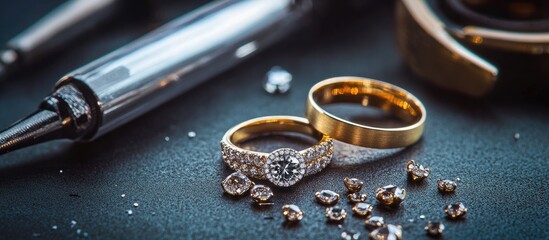 Gold wedding and engagement rings with diamonds showcased on a black background, surrounded by scattered precious stones and engraving tools.