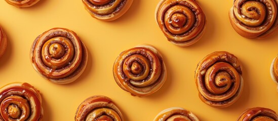 Freshly baked cinnamon buns arranged in a circular pattern on a vibrant orange background with ample negative space for text or images