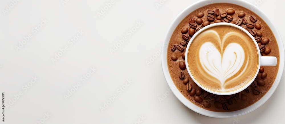 Poster Latte art with heart shapes in a white coffee cup surrounded by coffee beans on a white background creating a clear space for text or design