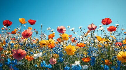 Obraz premium A meadow of wildflowers with delicate petals moves gracefully in the breeze under an endless cloudless sky