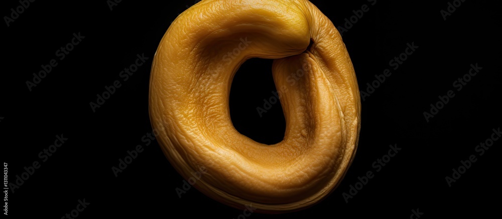 Poster Top view of a golden cashew nut centered against a solid black background with ample negative space for text or graphics on the sides