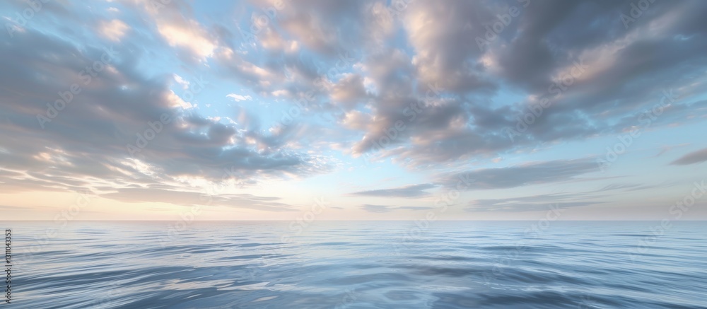 Poster serene ocean view under a dramatic evening sky featuring soft blue clouds reflecting on calm water c