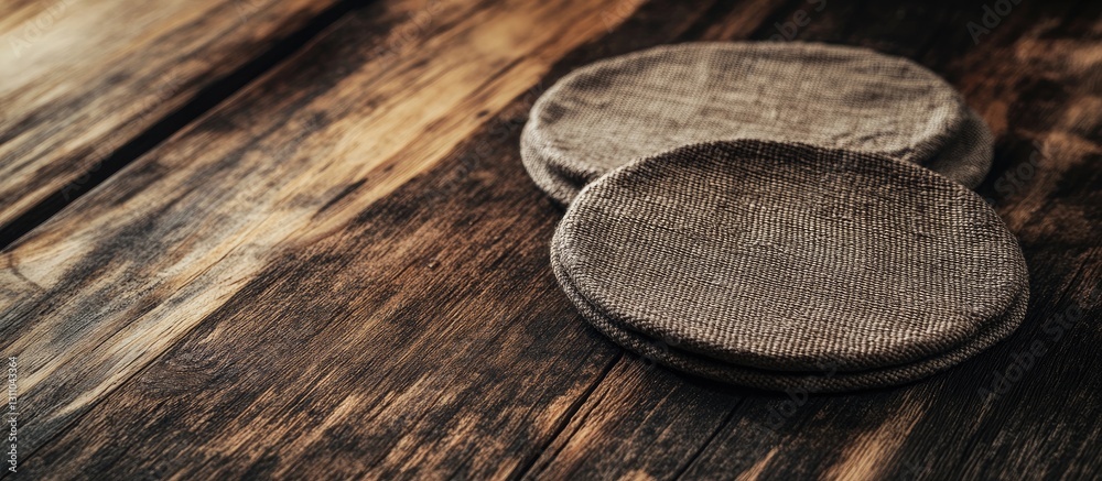 Poster linen coasters positioned on a rich dark brown wooden table with a textured surface, creating a warm
