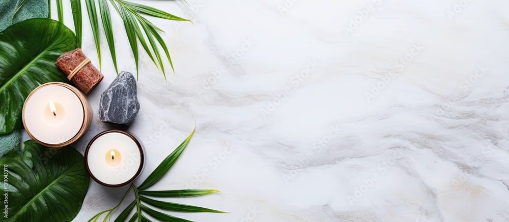 Poster relaxing spa setup with two candles on a marbled surface, surrounded by green palm leaves and smooth