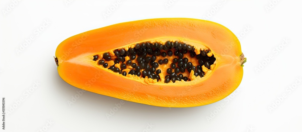 Poster Vibrant orange papaya half with black seeds centered against a clean white background creating ample space for text and design elements.