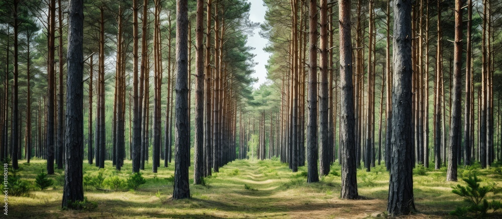 Poster dense forest of tall pine trees with straight trunks and vibrant green undergrowth leading into a br