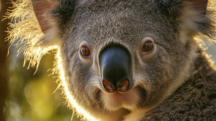 Obraz premium Close up of koala face with intricate fur details and warm lighting