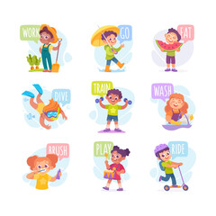 Naklejka premium Verbs Study with Little Kid Demonstrating Different Activity Vocabulary Vector Set