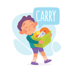 Boy Carry Toys as Verb Study with Little Kid Demonstrating Activity Vocabulary Vector Illustration