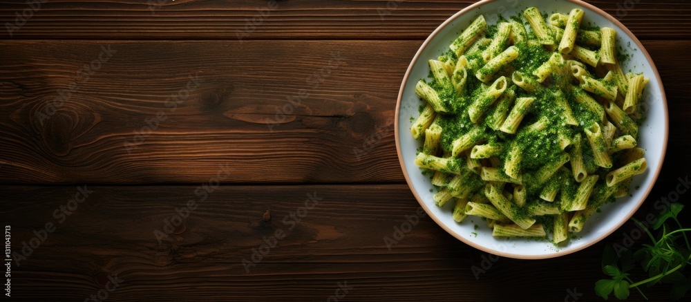 Poster bowl of penne pasta with vibrant green pesto sauce on a rustic wooden table featuring ample space on