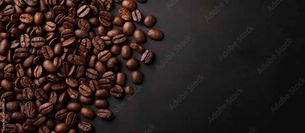 Poster Top view of dark roasted coffee beans scattered on the left side of a black concrete background with ample negative space for text on the right