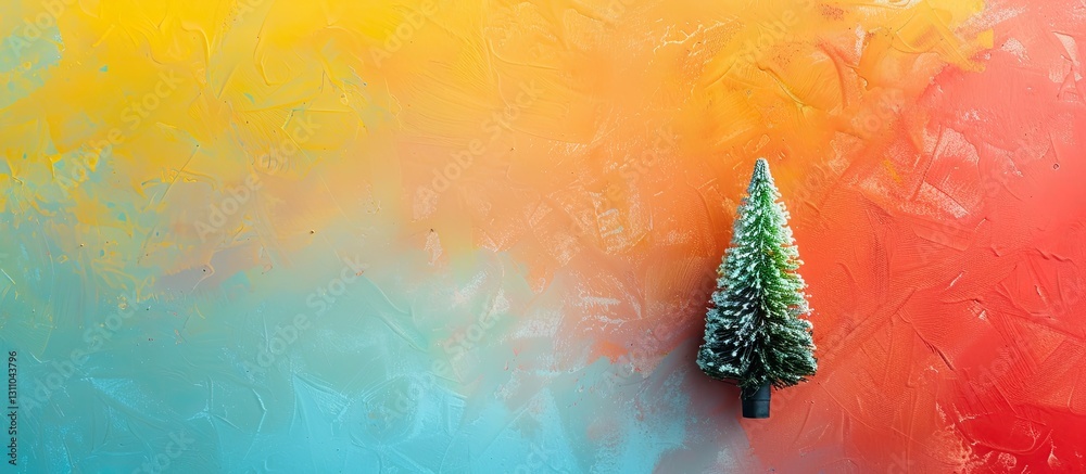 Poster tiny christmas tree positioned on the lower right against a vibrant gradient of yellow, orange, and 