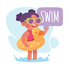 Girl Swim with Rubber Ring as Verb Study with Little Kid Demonstrating Activity Vocabulary Vector Illustration