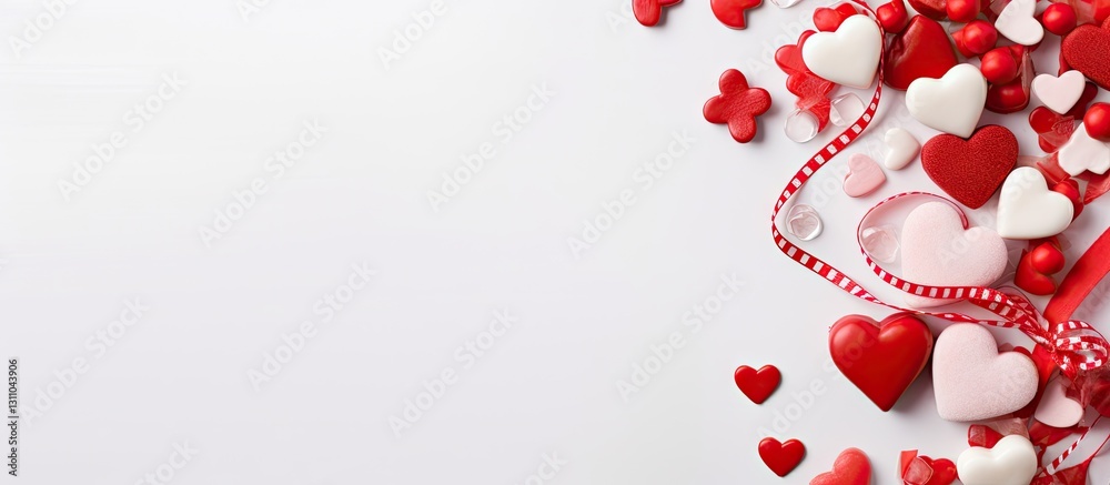 Poster red and white heart shaped decorations with a ribbon on a light background arranged in a relaxed, fe