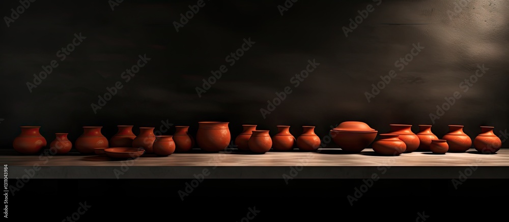 Poster clay dishes arranged neatly on a black table against a dark backdrop, featuring earthy tones of terr