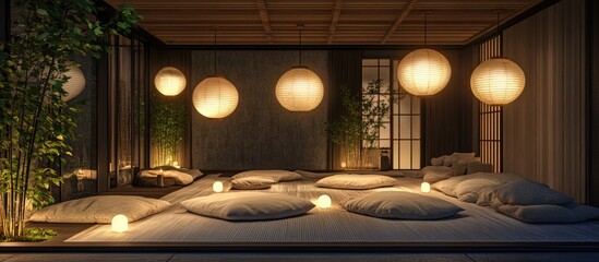 Serene Japanese lounge featuring warm beige floor cushions and soft glowing paper lanterns, creating a tranquil atmosphere for relaxation and peace