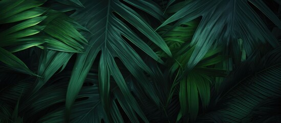 Dark green tropical jungle background featuring lush palm leaves with varying textures and depths, ideal for overlaying text or images.