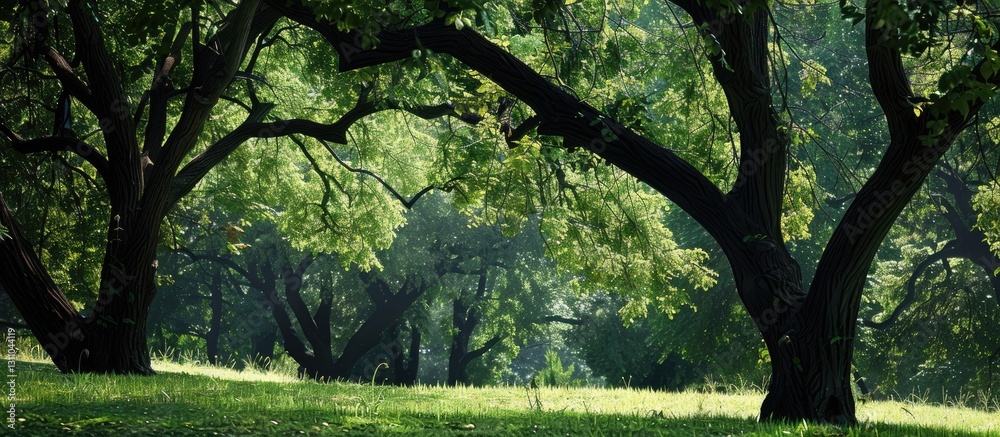 Fototapete Lush green park scene featuring large trees with sprawling branches in the foreground and soft light creating a serene atmosphere in the background