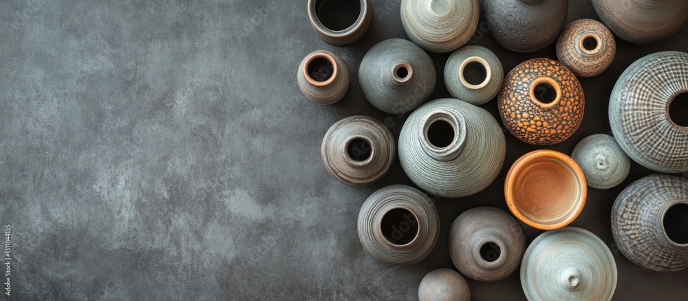 Poster top view of an artistic arrangement of handcrafted pottery jars in various earthy colors with textur