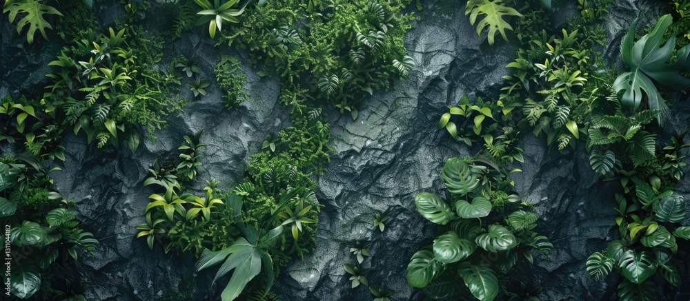 Leinwandbilder lush green textured background with dark stone and foliage elements creating depth ideal for present