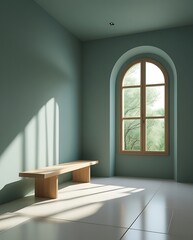 Fototapeta premium Minimalist interior with soft green curved walls, a wooden floating bench, and an arched window allowing natural sunlight to cast elegant shadows, creating a tranquil and modern atmosphere.