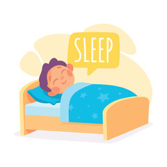 Boy Sleep in His Bed as Verb Study with Little Kid Demonstrating Activity Vocabulary Vector Illustration
