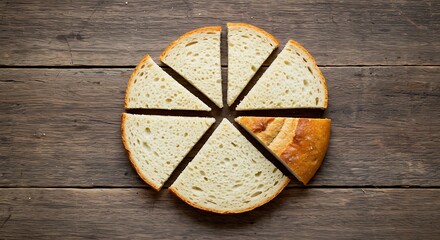 Sliced Bread Arranged in Circular Pattern on Rustic Wood Surface