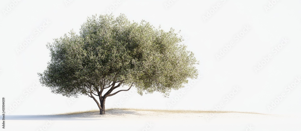 Leinwandbilder Lush green tree with broad canopy positioned left on soft sandy ground against a bright white background creating a serene and peaceful atmosphere