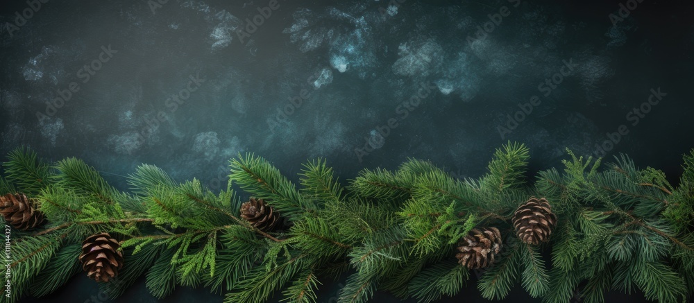 Poster spruce branches with pine cones in rich green tones against a dark textured background create a beau