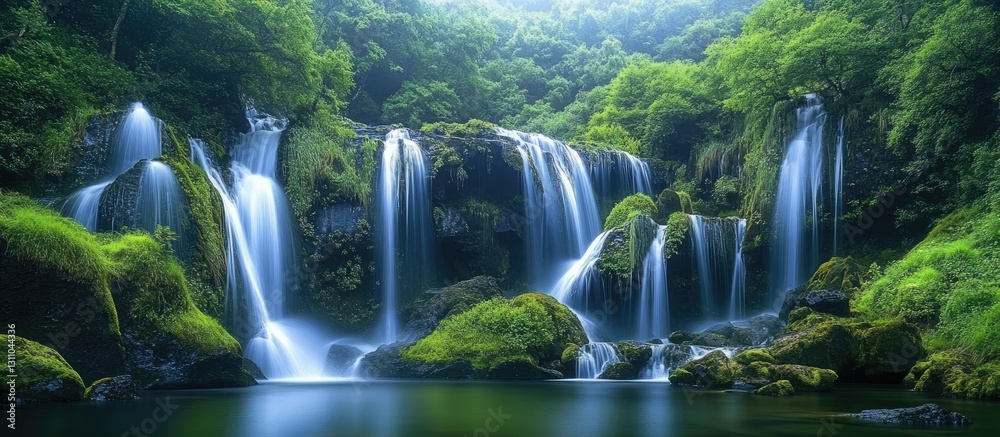 Poster majestic glymur waterfall cascading down multiple tiers surrounded by lush greenery and tranquil wat