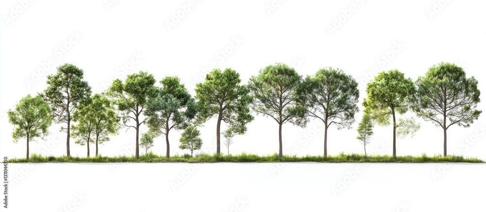 Poster green tree line isolated on white background displaying varying heights and lush foliage with a natu
