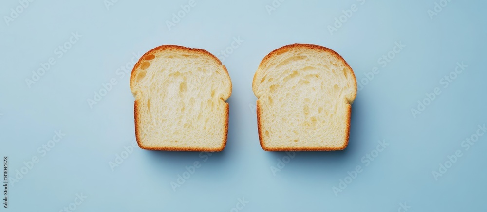 Poster minimalist presentation of two slices of bread on a soft blue background, featuring pale yellow inte