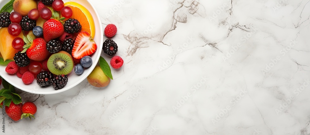 Poster fresh and vibrant fruit and berry salad in a white bowl centered on a polished marble surface with a