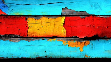 A weathered wooden wall with vibrant paint peeling off, revealing the wood underneath.