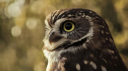 Close up of little owl with intense gaze in natural light