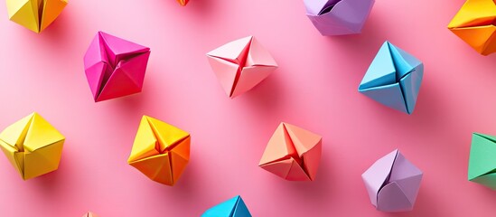 Handmade colorful origami ice cream cones in various colors of pink, purple, orange, and red arranged playfully on a vibrant pink background.