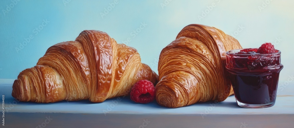 Poster freshly baked croissants with glossy golden brown crusts placed prominently on a soft blue surface, 