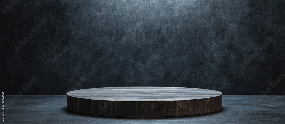 Fototapete Empty dark studio with a round wooden platform centered on a gray textured floor, illuminated by soft overhead light in a moody atmosphere.