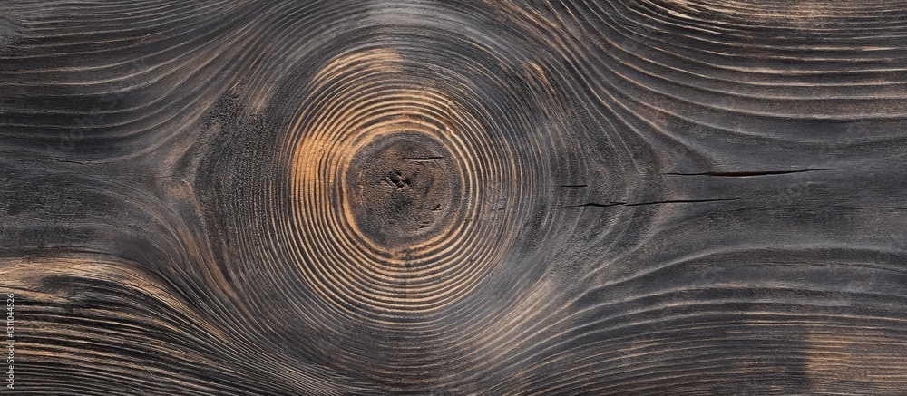 Fototapete Dark weathered wood texture featuring detailed tree rings in a concentric circular pattern with soft golden highlights centered on a black background.