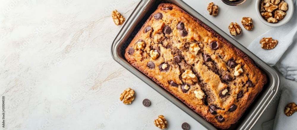 Poster freshly baked chocolate chip walnut bread in a rectangular metal baking pan with scattered walnuts a