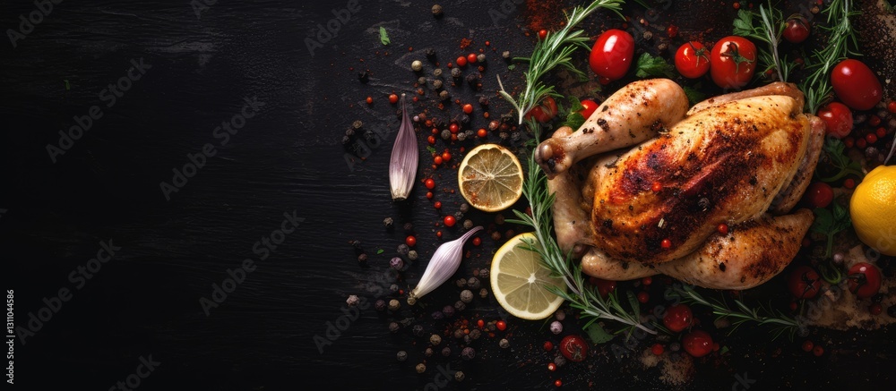 Poster whole roasted chicken garnished with fresh herbs and spices on a dark background with vibrant tomato