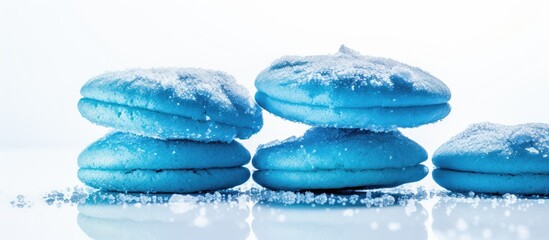 Stack of four vibrant blue sugar cookies dusted with icing sugar on a clean white background with ample copy space for text insertion