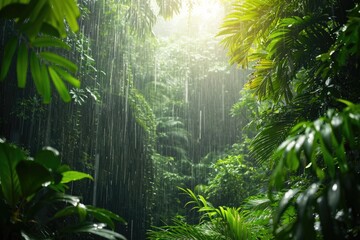 Shafts of sunlight break through the verdant foliage of a dense tropical rainforest, creating a serene and mystical atmosphere.