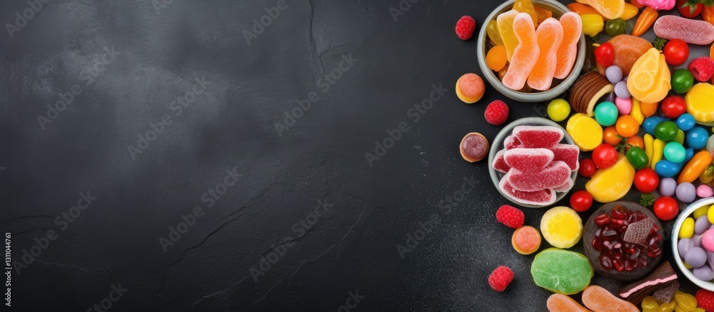 Poster vibrant candy assortment on a dark slate background featuring colorful gummies, chocolates, and jell